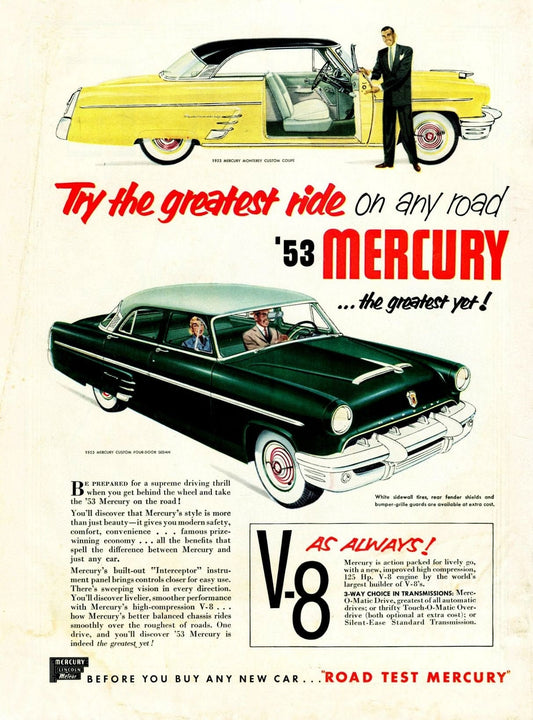 1953 Mercury V8   -Vintage car advertisement  poster  (610)