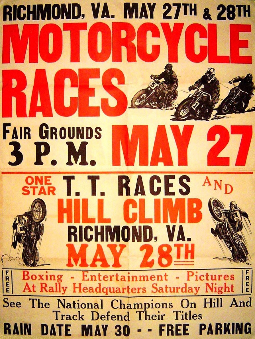 Vintage motorcycle Race Richmond VA advertisement poster( re print)  (2664 )
